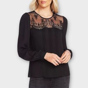 Vince Camuto Plus Size Lace Yoke Black Pleated‎ Pintucked Blouse Dressy Size 2X